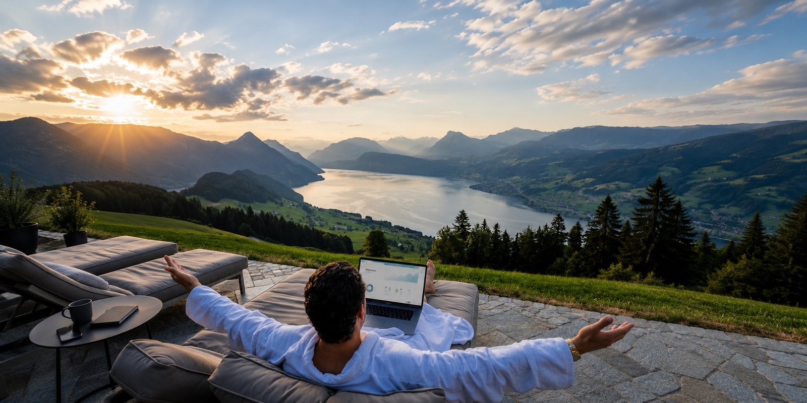 A business owner relaxing on a terrace above a mountain lake, laptop open — IT handled, no stress